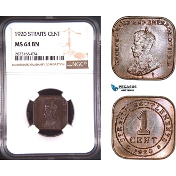 AD778, Straits Settlements, George V, 1 Cent 1920, Silver, NGC MS64BN