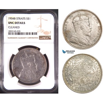 AD779, Straits Settlements, Edward VII, Dollar 1904-B, Bombay, Silver, NGC UNC Det.