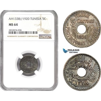 AD784, Tunisia, Muhammad al-Nasir, 5 Centimes AH1338 / 1920, NGC MS64, Pop 1/0