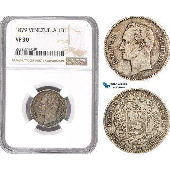 AD789, Venezuela, 1 Bolivar 1879, Brussels, Silver, NGC VF30