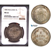 AD797, Bulgaria, Alexander I, 5 Leva 1885, St. Petersburg, Silver, NGC MS62