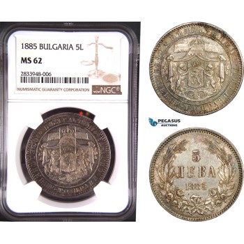 AD797, Bulgaria, Alexander I, 5 Leva 1885, St. Petersburg, Silver, NGC MS62
