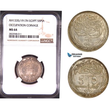 AD803, Egypt, Occupation Coinage, 5 Piastres AH1335 / 1917-H, Heaton, Silver, NGC MS64