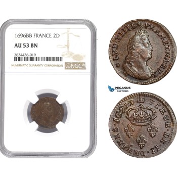 AD823, France, Louis XIV, 2 Deniers 1696-BB, Strasbourg, NGC AU53BN, Pop 1/0, Rare!