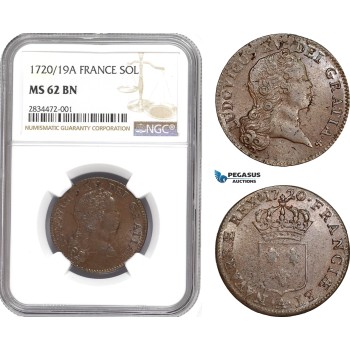 AD824, France, Louis XV, Infantin 1 Sol 1720/19-A, Paris, NGC MS62BN, Pop 1/0, Extremely Rare!