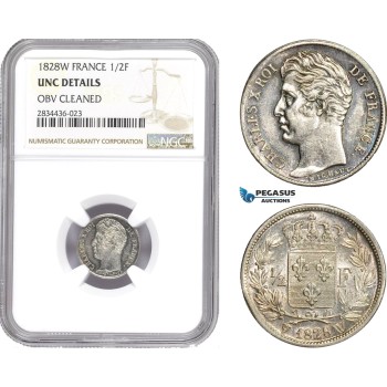 AD832, France, Charles X, 1/2 Franc 1828-W, Lille, SIlver, NGC UNC Det.