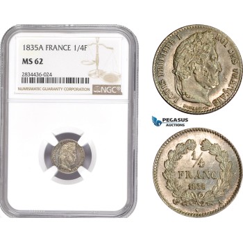 AD833, France, Louis Philippe I, 1/4 Franc 1835-A, Paris, Silver, NGC MS62