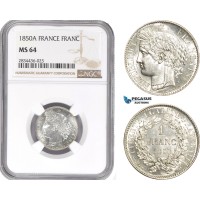 AD836, France, Second Republic, 1 Franc 1850-A, Paris, Silver, F.211/5, NGC MS64, Rare Variety!