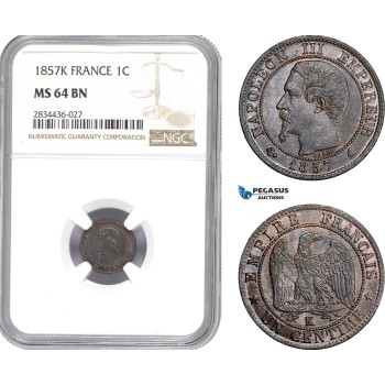 AD839, France, Napoleon III, 1 Centime 1857-K, Bordeaux, NGC MS64BN, Pop 1/0