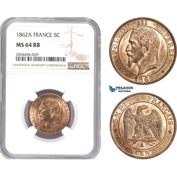 AD841, France, Napoleon III, 5 Centimes 1862-A, Paris, NGC MS64RB