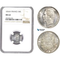 AD846, France, Napoleon III, 50 Centimes 1854-A, Paris, Silver, NGC MS62