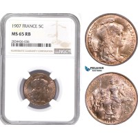 AD848, France, Third Republic, 5 Centimes 1907, NGC MS65RB