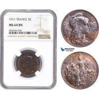 AD850, France, Third Republic, 5 Centimes 1911, NGC MS64BN