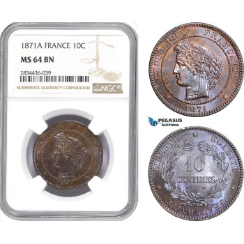 AD851, France, Third Republic, 10 Centimes 1871-A, Paris, NGC MS64BN, Pop 1/0