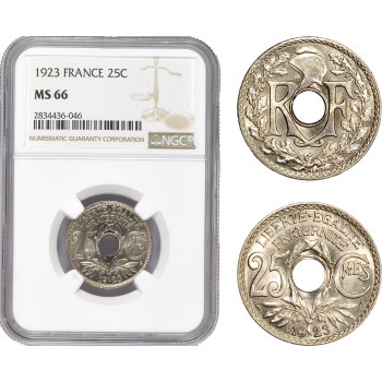 AD859, France, Third Republic, 25 Centimes 1923, Paris, NGC MS66, Pop 1/0