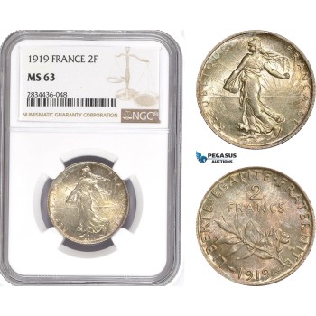 AD861, France, Third Republic, 2 Francs 1919, Paris, Silver, NGC MS63