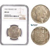 AD862, France, Third Republic, 10 Francs 1931, Paris, Silver, NGC MS64