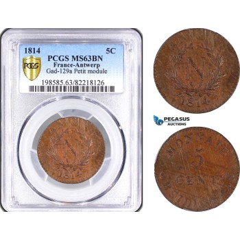 AD863, French Occupation of Antwerp (Belgium) 5 Centimes 1814, Gad-129a, Small Module, PCGS MS63BN