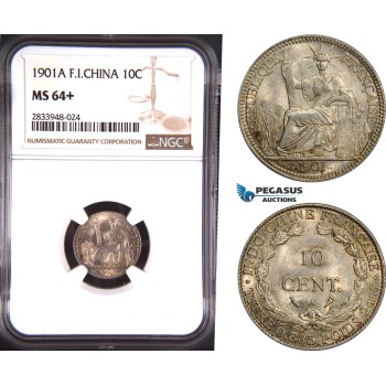 AD865, French Indo-China, 10 Centimes 1901-A, Paris, Silver, NGC MS64+