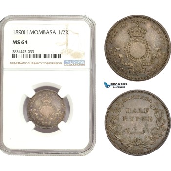 AD899, Mombasa, 1/2 Rupee 1890-H, Heaton, Silver, NGC MS64