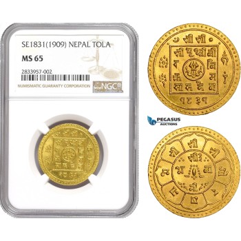 AD901, Nepal, Prithvi Bir Bikram, Tola SE1831 (1909) Gold, NGC MS65, Pop 1/0