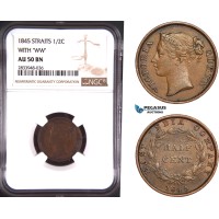 AD912, Straits Settlements, Victoria, 1/2 Cent 1845 "With WW" NGC AU50BN