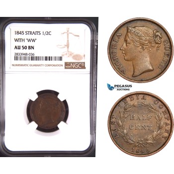 AD912, Straits Settlements, Victoria, 1/2 Cent 1845 With WW NGC AU50BN