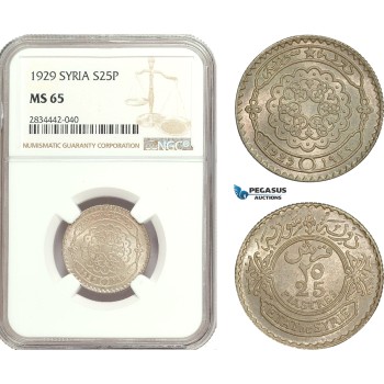 AD919, Syria, French Mandate, 25 Piastres 1929, Silver, NGC MS65, Pop 1/0