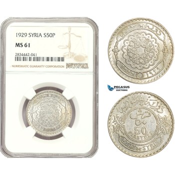 AD920, Syria, French Mandate, 50 Piastres 1929, Silver, NGC MS61