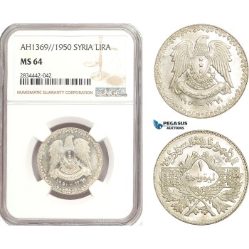 AD921, Syria, Republic, 1 Lira AH1369 / 1950, Silver, NGC MS64