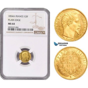 AD924, France, Napoleon III, 5 Francs 1854-A, Paris, Gold Plain Edge NGC MS64