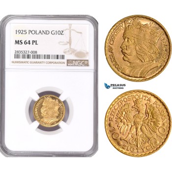 AD927, Poland, 10 Zlotych 1925 (Boleslaw) Warsaw, Gold, NGC MS64PL