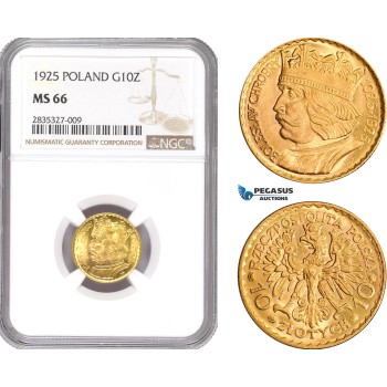 AD928, Poland, 10 Zlotych 1925 (Boleslaw) Warsaw, Gold, NGC MS66