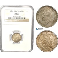 AD932, Romania, Carol I, 50 Bani 1910, Silver, NGC MS64