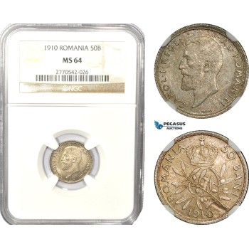 AD932, Romania, Carol I, 50 Bani 1910, Silver, NGC MS64
