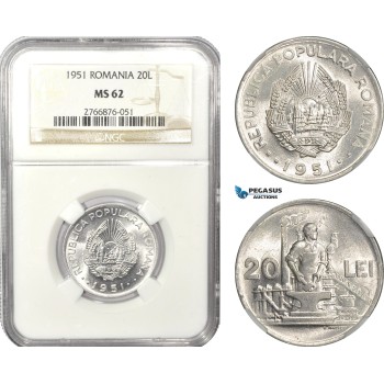 AD938, Romania, 20 Lei 1951, NGC MS62