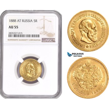 AD941, Russia, Alexander III, 5 Roubles 1888, St. Petersburg, Gold, NGC AU55