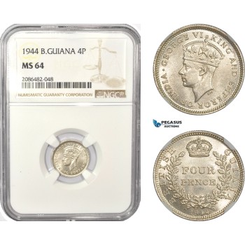 AD944, British Guiana, George VI, Fourpence (4P) 1944, Silver, NGC MS64