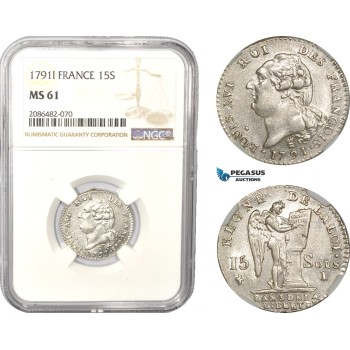 AD950, France, Louis XVI, 15 Sols 1791-I, Limoges, Silver, NGC MS61, Pop 1/2