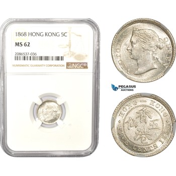 AD961, Hong Kong, Victoria, 5 Cents 1868, Silver, NGC MS62