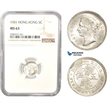 AD962, Hong Kong, Victoria, 5 Cents 1901, Silver, NGC MS63