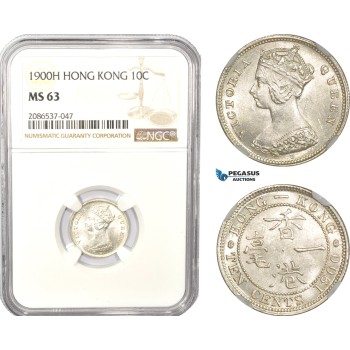 AD963, Hong Kong, Victoria, 10 Cents 1900-H, Heaton, Silver, NGC MS63