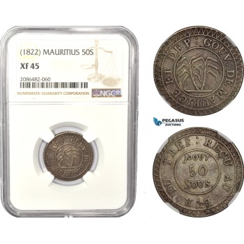 AD968, Mauritius, 50 Sous ND (1822) Silver, NGC XF45