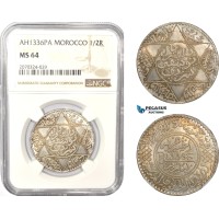 AD972, Morocco, Yusuf, 1/2 Rial AH1336­-Pa (1918) Paris, Silver, NGC MS64
