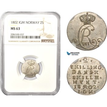 AD973, Norway, Christian VII, 2 Skilling 1802 IGM, Kongsberg, Silver, NGC MS63