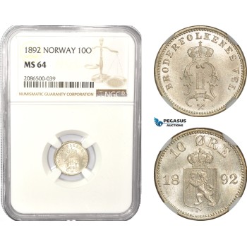 AD975, Norway, Oscar II, 10 Øre 1892, Kongsberg, Silver, NGC MS64