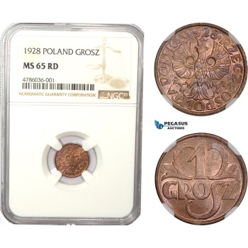 AD977, Poland, 1 Grosz 1928, Warsaw, NGC MS65RD