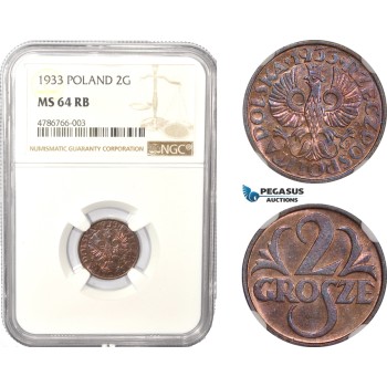 AD981, Poland, 2 Grosze 1933, Warsaw, NGC MS64RB