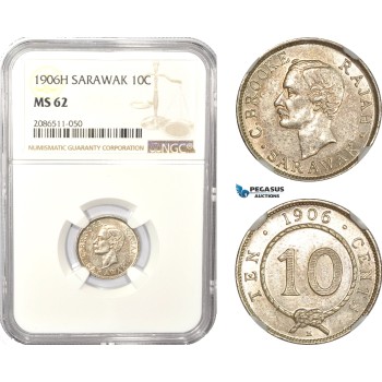 AD987, Sarawak, C. Brooke Rajah, 10 Cents 1906-H, Silver, NGC MS62, Pop 3/1