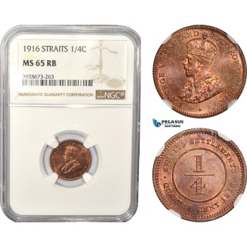 AD992, Straits Settlements, George V, 1/4 Cent 1916, NGC MS65RB